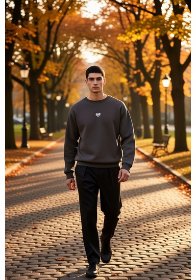Benerly Erkek Bisiklet Yaka Düşük Kol Nakışlı Oversize Sweatshirt Pamuk Antrasit