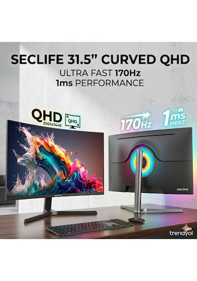Seclife 31.5" Rc315170h1 2560 1440 1ms 170hz Dp+hdmı+usb R1800 Curve Qhd Monitör