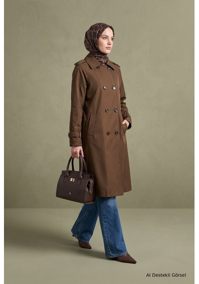 Armine Trend Klasik Yaka Belden Kuşaklı Çift Cepli 101 Cm Boy Trenckot Latte 26kt728 Açık Kahverengi