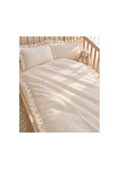 H&c Bebek Müslin Nevresim Takımı 4 Parça Brode Dantel Detaylı Krem 100x150 CM