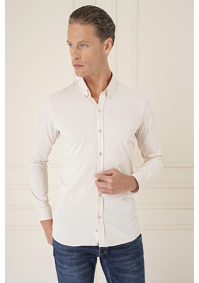 Efor Slim Fit Düğmeli Yaka Esnek Pamuk Klasik Bej Gömlek Gk 727 Bej