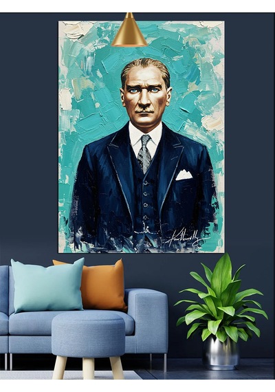 Mavi Fonlu Mustafa Kemal Atatürk Portresi Dekoratif Kanvas - Mdf Ahşap Tablo