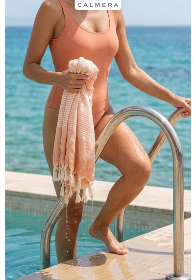 Calmera Çizgili Peştemal Pamuk - Doğal Saçaklı Plaj, Deniz, Havuz, Spa, Sauna, Spor, Seyahat Havlu - Somon