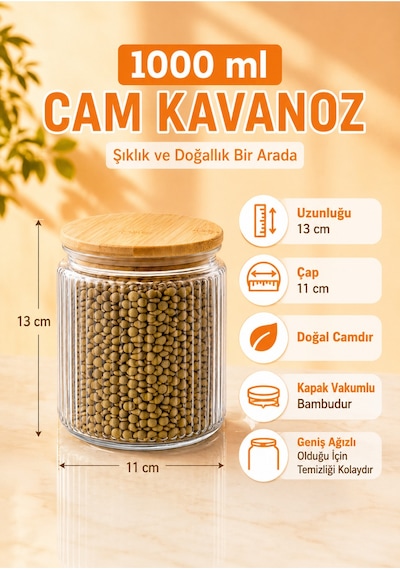 3'lü Çizgili Kolay Temizlenebilen Geniş Ağızlı Cam Bakliyat Ve Erzak Saklama Kavanozu Seti 1000 Ml Şeffaf