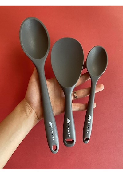 Sert Uçlu Isıya Dayanıklı Silikon Kaşık Seti, 28 Cm-22 Cm-20 Cm, Gri