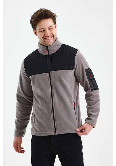 Monox Erkek Tam Fermuarlı Parçalı Spor Polar Ceket Gri