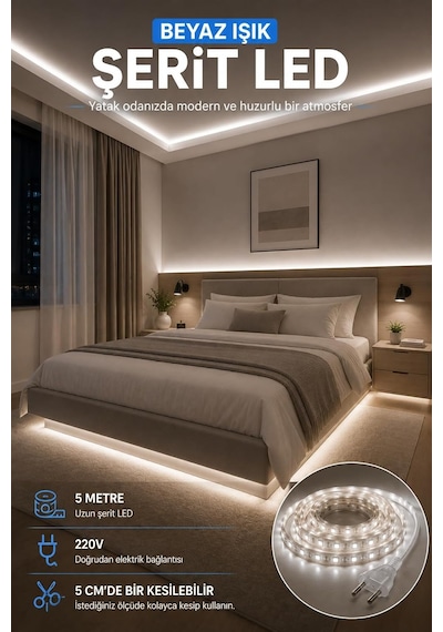 Tr 5 Metre Beyaz Şerit Led, 220v, 5 Cm'de Kesilebilir, Dekoratif Aydınlatma Diğer