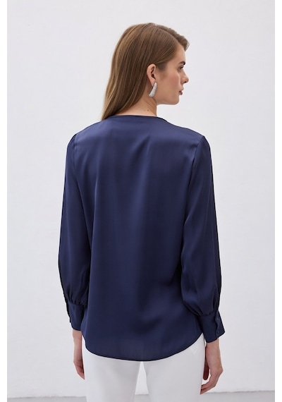 Sateen V Yaka Saten Bluz - Lacivert-136503 Lacivert