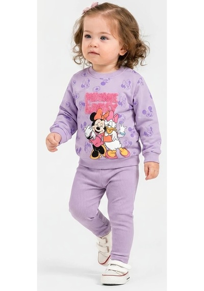 İrem Kız Bebek Mickey Desenli Yazı Nakışlı Lila Renk Sweatshirt Tayt Takımı