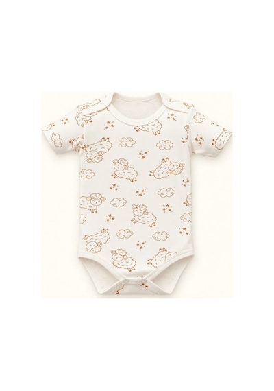 Cantaz Unisex Bebek Kuzu Desenli %100 Pamuk Kısa Kollu Çıtçıtlı Body Zıbın Krem