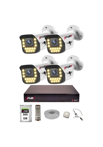 Fury 4 Lü Sesli 15 Warm Led Gece Renkli Görüş Su Geçirmez Güvenlik Kamerası Seti 500gb