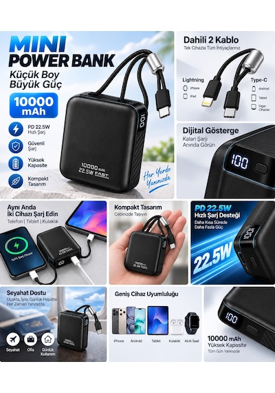 Xiaomi 14t / 14t Pro Uyumlu 10000 Mah Mini Powerbank Dijital Göstergeli Taşınabilir Şarj Cihazı Siyah