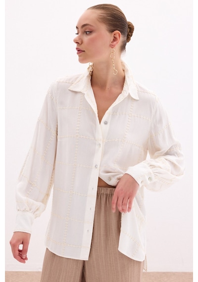 Sateen Nakış Detaylı Viskon Gömlek - Krem-136095 Krem
