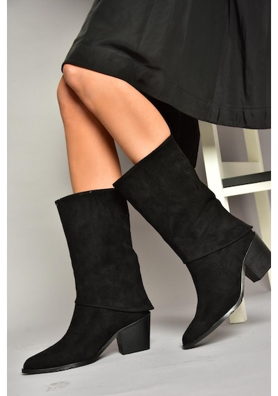 Fox Shoes T936042502 Siyah Kalın Alçak Topuklu Kadın Bot Siyah-Süet Siyah