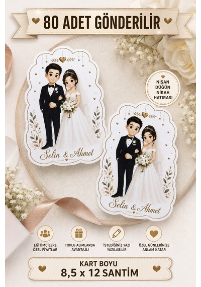 80 Adet Gelin Damat Hatıra Kartı - Tebrik Kartı - Nişan Hediye Kartı - Nikah Düğün Kına Söz