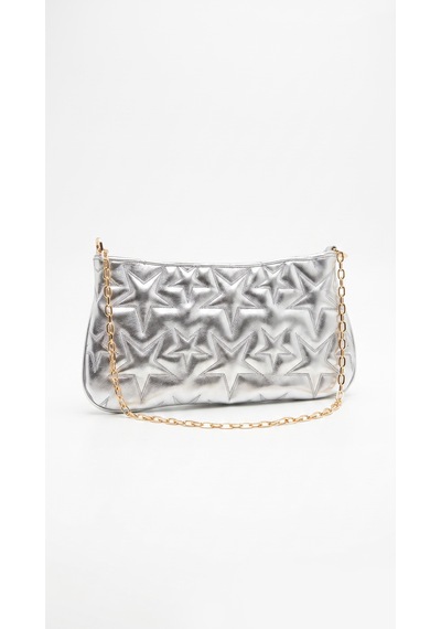 Esvelans Yıldız Desenli Zincir Askılı Portföy El Kol Ve Omuz Çantası Astarlı Clutch Çanta Gümüş