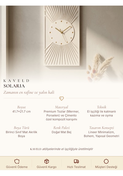 Kaveld Solaria Minimalist Duvar Saati - Modern Bohem Güneş Işınları Motifli Saat, Özel El Yapımı Duvar Saati Bej