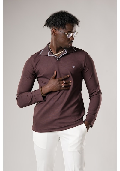 Advante Slimfit Düğmesiz V Polo Yaka Likralı Uzun Kol Mevsimlik Sweatshirt Koyu Kahverengi