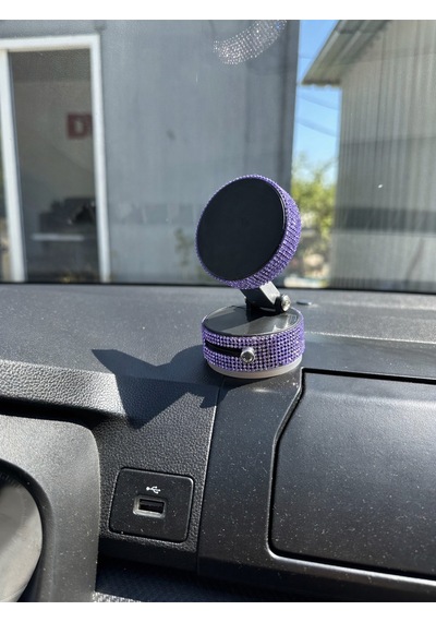 Kadınlara Özel Kristal Taşlı Mor Lila Araç Telefon Tutacağı Oto Telefon Tutucu