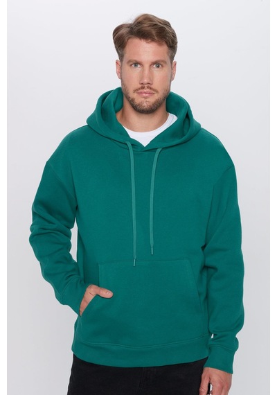 Tudors Unisex Oversize Geniş Kesim Pamuklu Yumuşak Dokulu İçi Polarlı Basic Yeşil Kapüşonlu Sweatshirt-29409 Yeşil