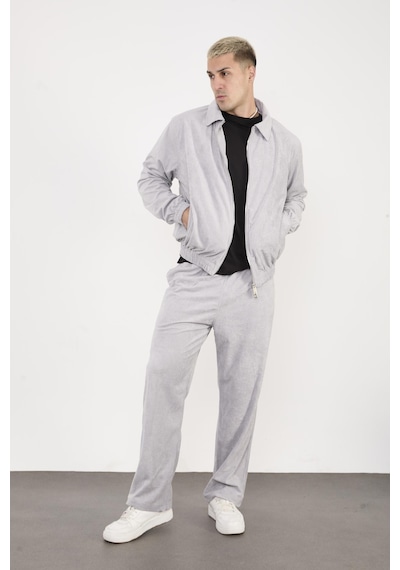 Rocqerx X-2037 X-1005 Astarlı Fermuarlı Üst Bel Lastikli Pantolon Kadife Takım Gri