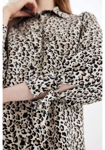 Defacto Relax Fit Leopar Desenli Uzun Kollu Gömlek Tunik D2608AX24AUBG702 Bej