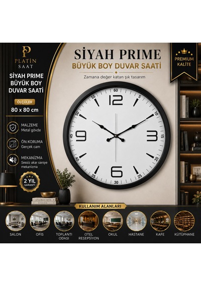 Siyah Prime Büyük Boy 80 Cm Metal Duvar Saati