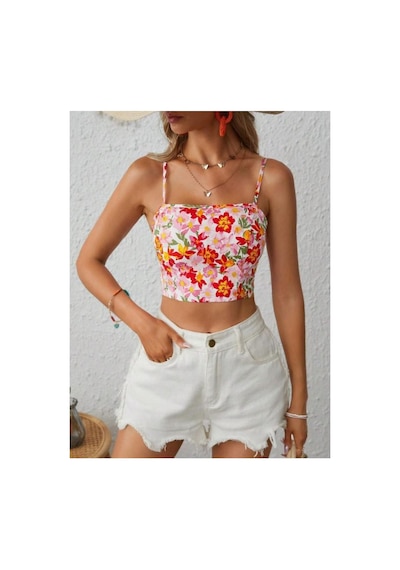 Bella Notte Retro Çiçek Baskılı Sırt Dekolteli Crop Bluz Pembe