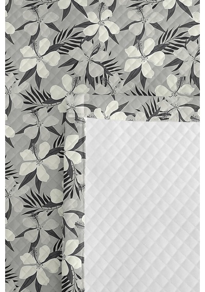 Çiçekli Gri Modern Tek Kişilik Pike Takımı - Botanik Beyaz Antrasit 160x220 Cm Kapitone Yatak Örtüsü Naif Gölge Kıyımı