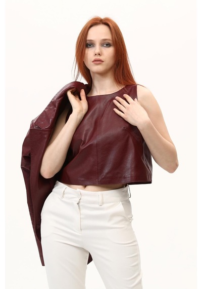 Leatinn Bordo Kadın Deri Crop