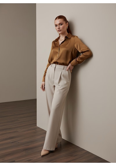 Pera Moda Saten Yüzeyli Fitted Gömlek Kahve