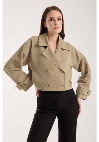 Bolivente Açık Haki Kruvaze Crop Trençkot