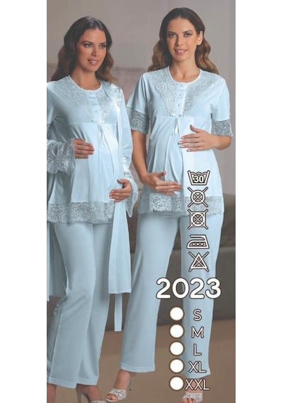 Nehirsel 2023 Mavi Hamile Lohusa 3 Lü Pijama Sabahlık Tk 001
