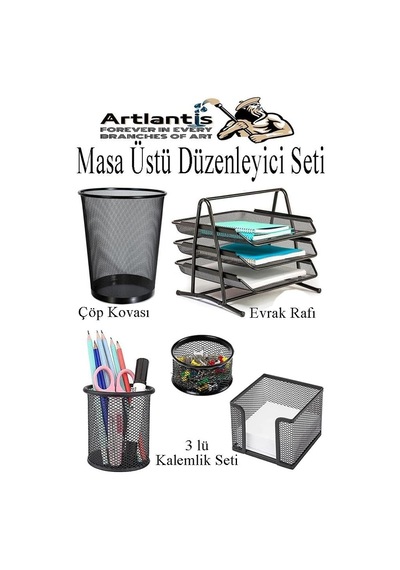 Artlantis Masa Üstü Siyah Fileli Kalemlik Çöp Kovası Ve 3 Katlı Evrak Rafı 5 Parça 1 Paket 5 Li Masa Üstü Düz Genel