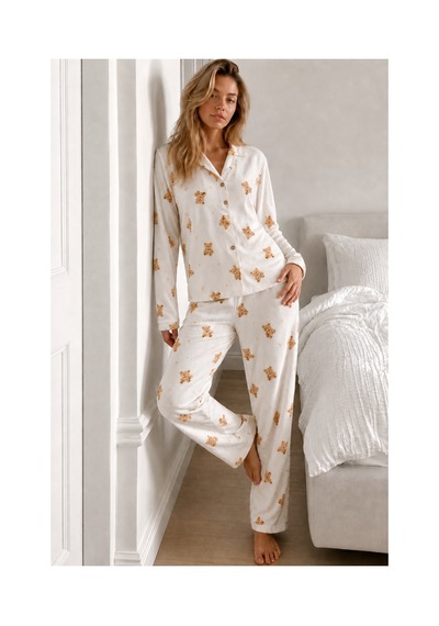 Fit Women Kadın Gömlek Yaka Düğmeli Beyaz Pijama Takımı