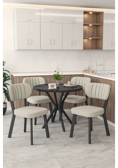 Gnr 90cm Sabit Siyah Mutfak Masası Takımı, Yemek Masası, 4 Modern Krem Sandalye Krem