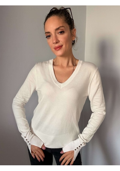 Ali Butik Beyaz V Yaka Kol Detaylı Triko Beyaz