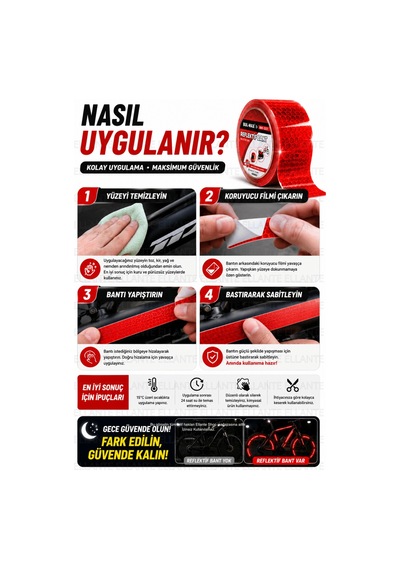 Kırmızı Reflektif Bant 3.5 Cm X 1.5 Metre Kendinden Yapışkanlı Gece Görünürlük Güvenlik Bandı Bisikl