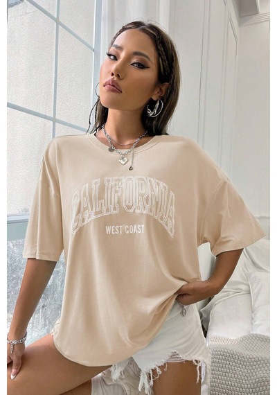 Unisex California West Coast Baskılı Tasarım Tshirt Bej
