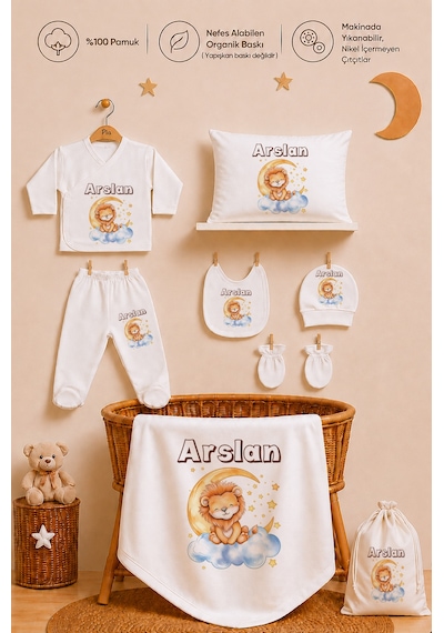 Pia Baby Erkek Bebek Hastane Çıkışı 12 Parça %100 Pamuk İsme Özel Organik Baskılı Kese Hediyeli 101611k0x Ekru