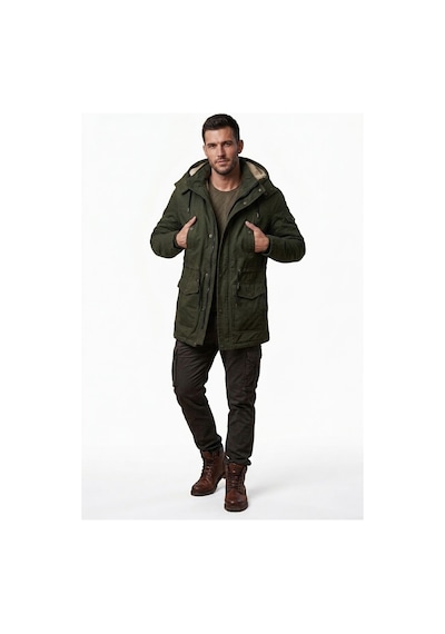Alaska The Last Frontier Slim Fit Çıkarılabilir Kapüşonlu Gabardin Uzun Parka Kaban Haki