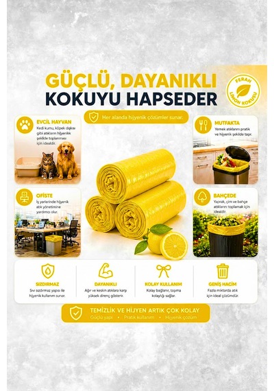 Büzgülü Çöp Poşeti Limon Kokulu 65 70 Cm Büyük Boy 5 Rulo Dayanıklı Sızdırmaz Kalın Çöp Torbası