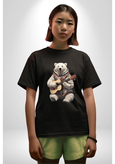 Kutup Ayısı Gitar Polar Çeket Pamuklu Bisiklet Yaka Unisex Oversize Boyfriend Dijital Baskılı Siyah T-shirt Siyah