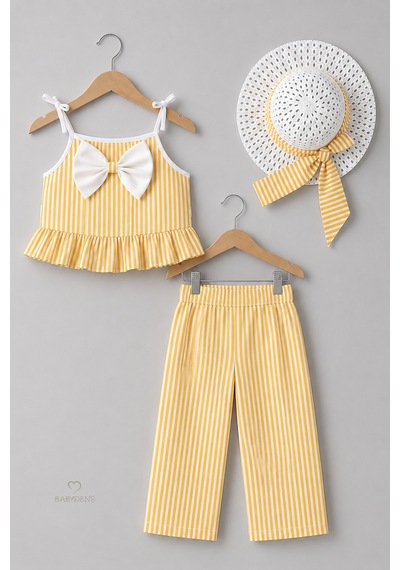 Babyden's Kız Bebek Şapkalı Yazlık Takım 3'lü Doğum Günü Kıyafeti Çizgili Fırfırlı Bluz Pantolon Kombini 9-36 Ay Sarı