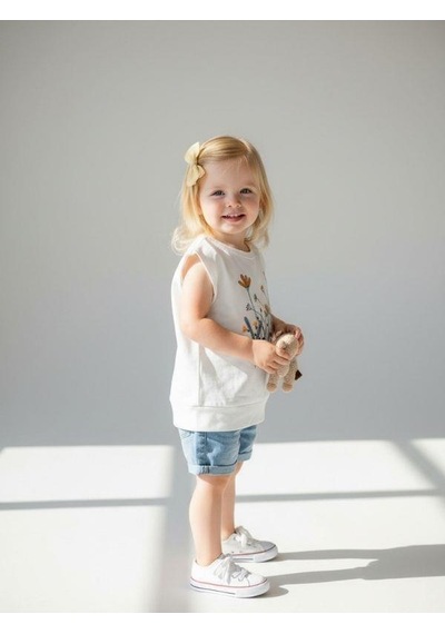Zekids Kız Bebek Pamuklu Çiçekli Yarım Kollu T-shirt-7501 Krem