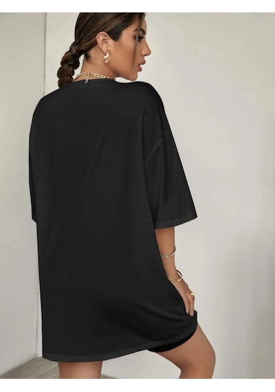 Flood Of Style Kadın Siyah Love Never Faıls Baskılı Oversize Bisiklet Yaka Tshirt
