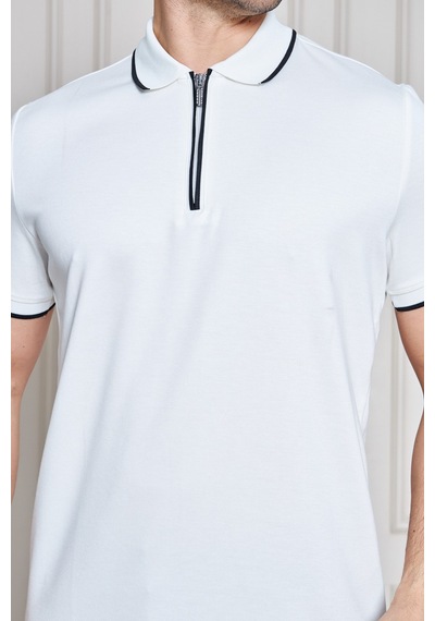 Erkek Jeuss Oysho Kumaş Fermuarlı Yakalı Beyaz Tshirt