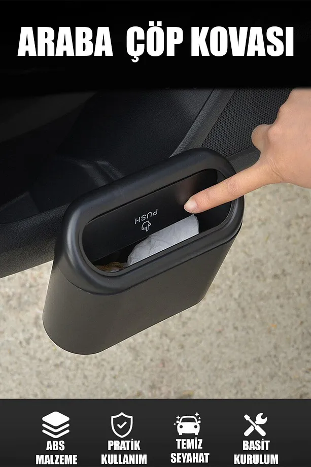 Mini Oto Çöp Kovası Abs Plastik Siyah Siyah