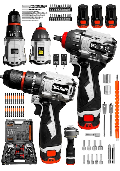 Steiner 18V 2.0 Ah Kömürsüz Darbeli 3 Akülü Vidalama Matkap Şarjlı Somun Sıkma Makinesi + 66 Parça Uç Seti + 2 Şarj Aleti -