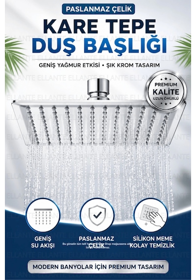 Paslanmaz Çelik Yağmur Duş Başlığı Kare Krom Tepe Duş Başlığı Geniş Su Dağılımlı Standart 1/2" Bağla Çok Renkli